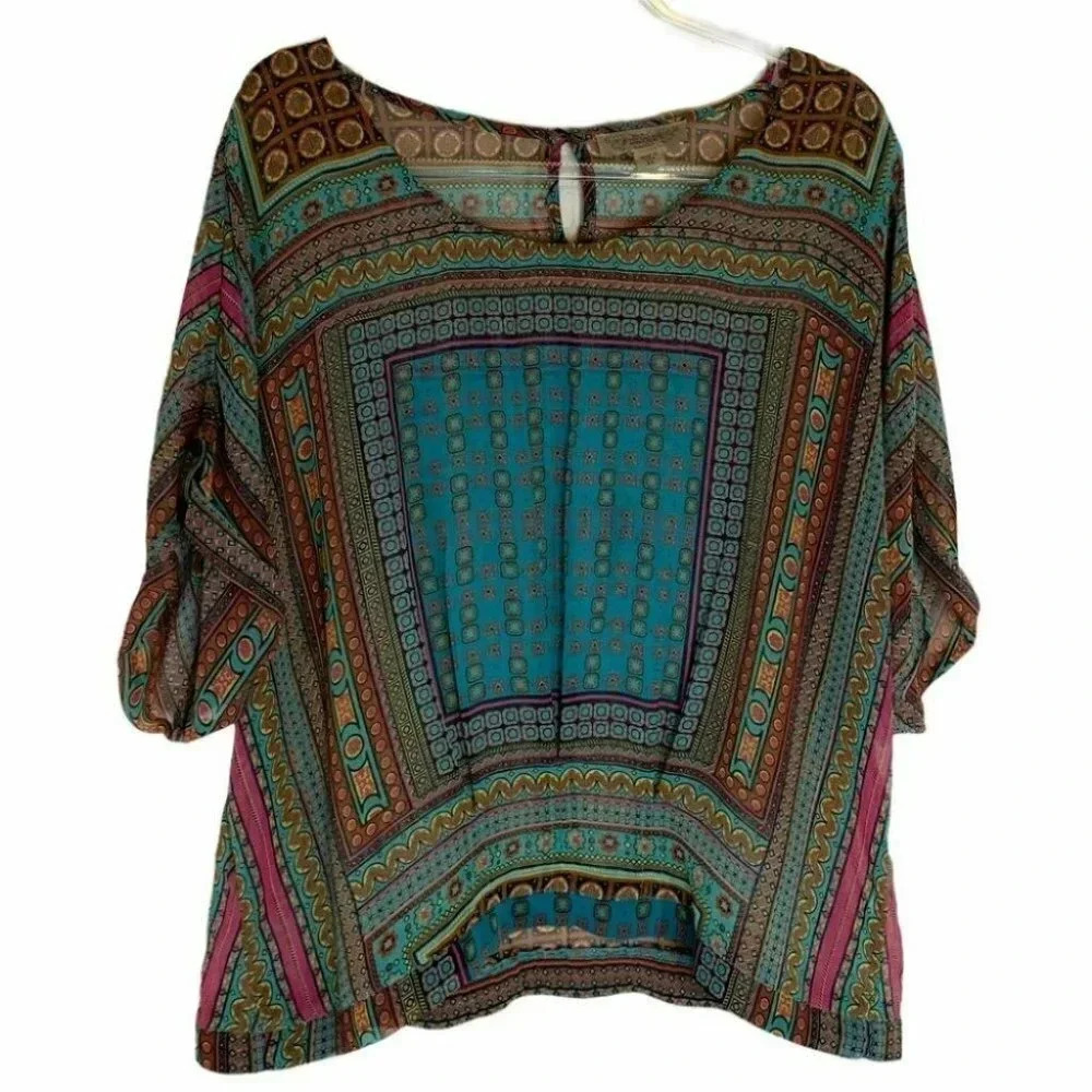 Nine West Vintage America Blouse XL Teal Boho Roll Tab Keyhole‎ Back Geometric